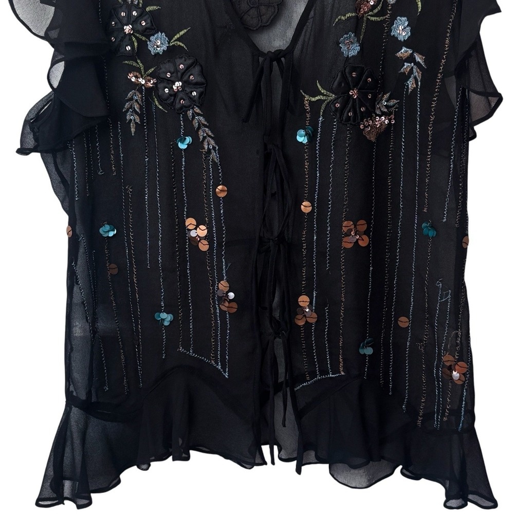 Y2K Molato Black Sheer Floral Sequin Tiefront Cardigan Whimsical Ethereal XL/XXL - Picture 4 of 12